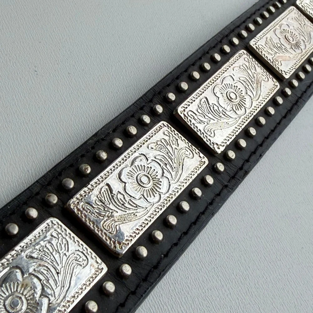 Vintage Nocona Concho Studded Belt size 30 Black Western Leather Engraved Rodeo